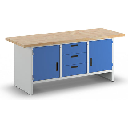 Workbench with closed sides, 3 drawers, 2 doors, width 2000 mm, light grey / gentian blue.