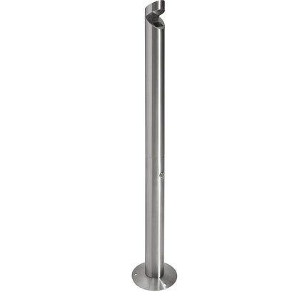 Stainless steel pedestal ashtray with covered opening, capacity 1.5 l, lockable.