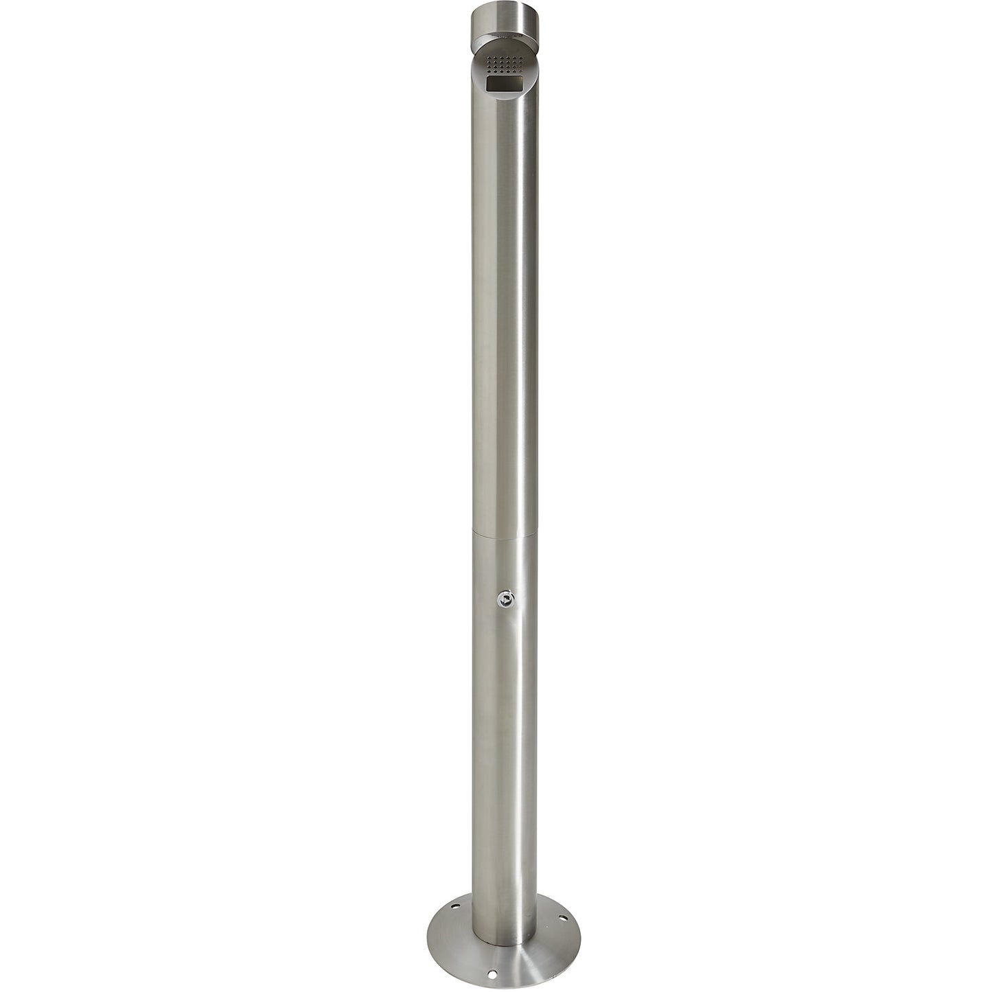 Stainless steel pedestal ashtray with covered opening, capacity 1.5 l, lockable.