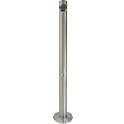 Stainless steel pedestal ashtray with covered opening, capacity 1.5 l, lockable.