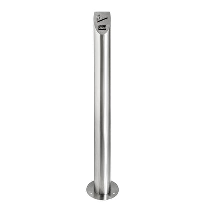 Stainless steel pedestal ashtray, capacity 3.8 l, lockable.
