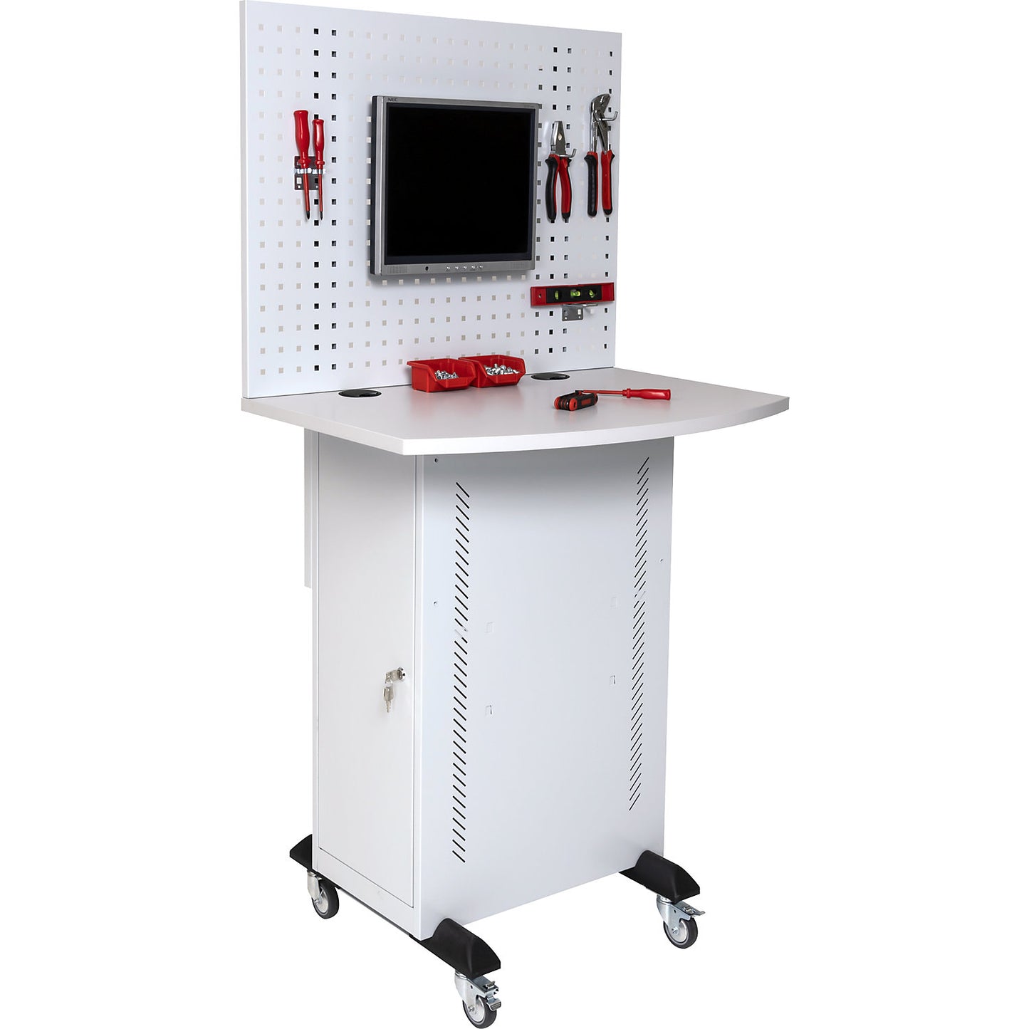 Computer cabinet, with worktop and perforated panel, light grey.