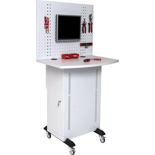 Computer cabinet, with worktop and perforated panel, light grey.