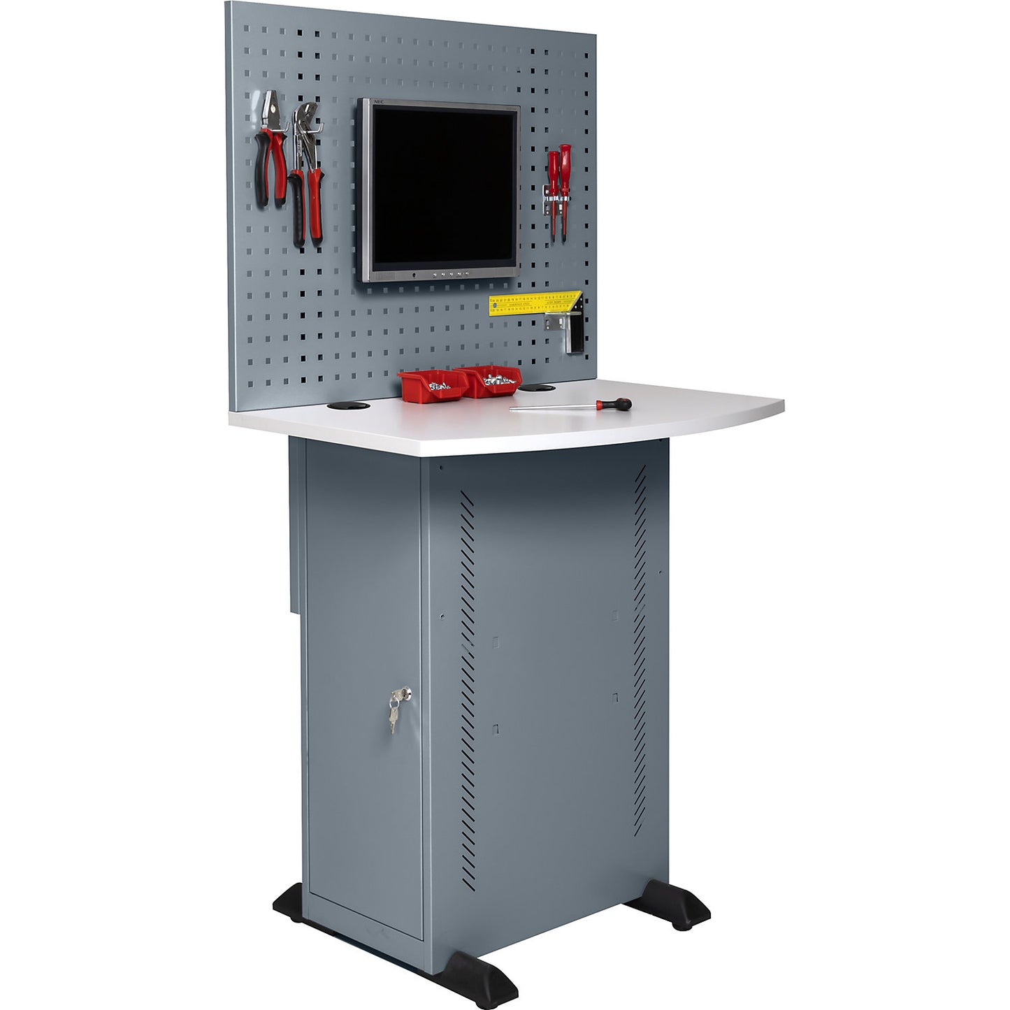 Computer cabinet, with worktop and perforated panel, blue grey.