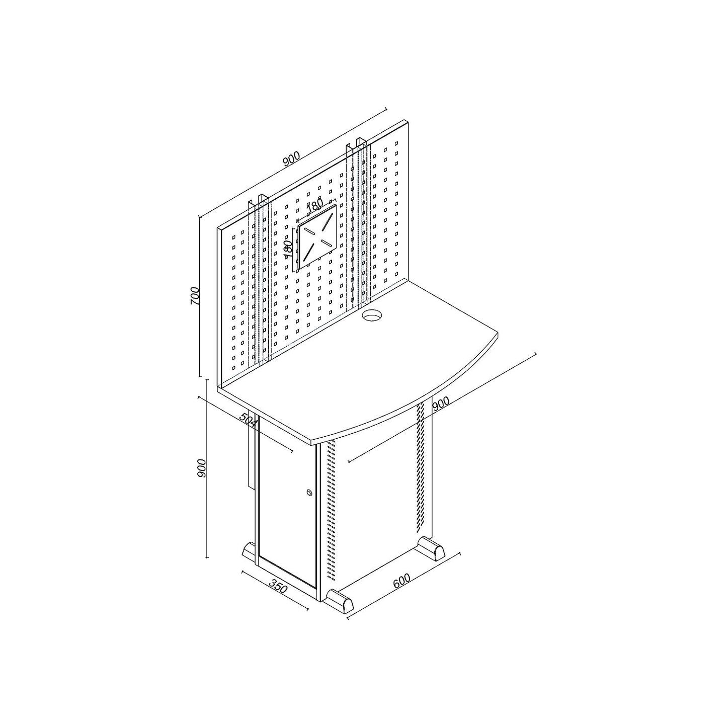 Computer cabinet, with worktop and perforated panel, blue grey.
