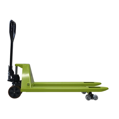 GS 25 pallet truck, PU steering wheels / nylon fork rollers, fork length 1150 mm, tandem fork rollers.