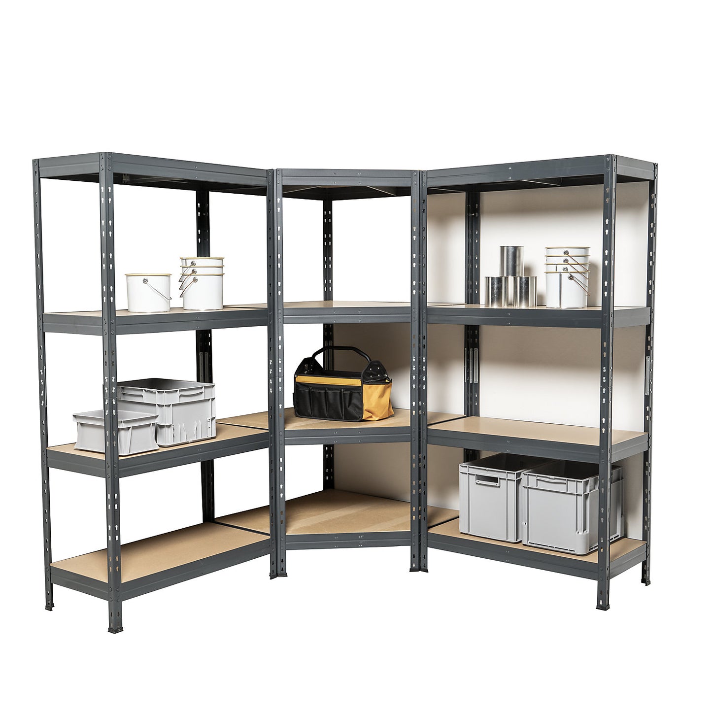 Lagan corner shelving unit, shelving unit height 1800 mm, WxD 900 x 900 mm.