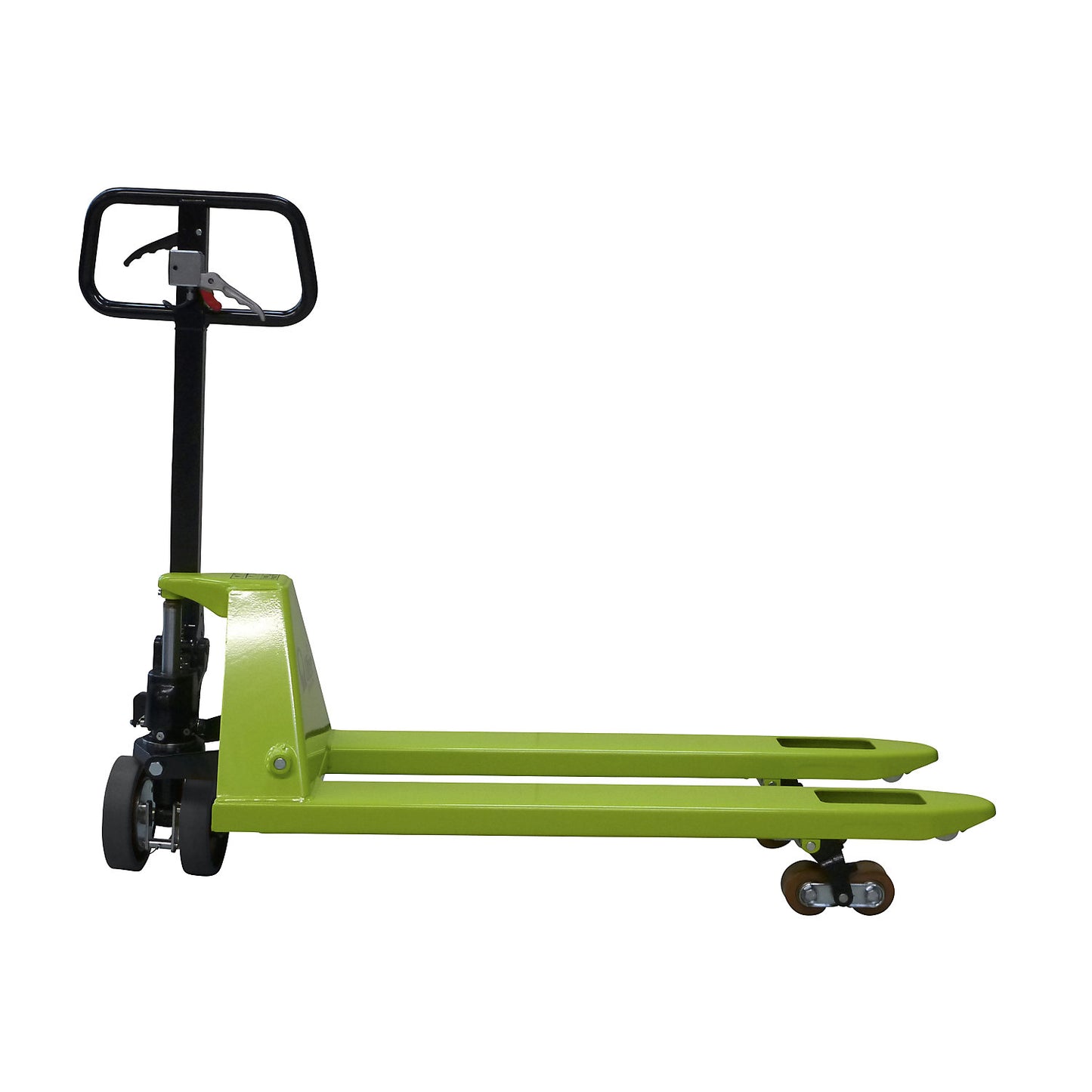 EVO pallet truck, with brakes, solid rubber steering wheels, fork length 1150 mm, tandem fork rollers.
