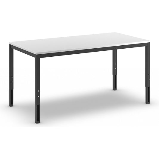 Height adjustable work table, 45 x 45 mm rectangular tubing, melamine worktop, WxD 1800 x 900 mm.