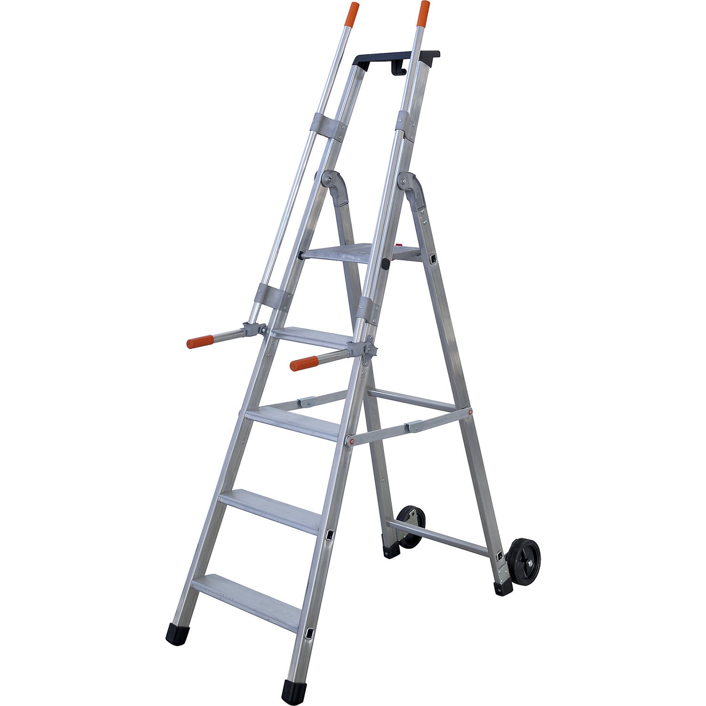 Mobile warehouse step, with 2 hand rails and castors, 5 steps incl. platform.