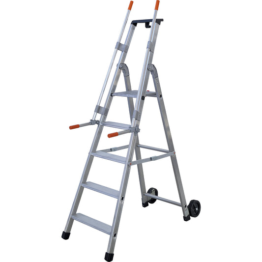 Mobile warehouse step, with 2 hand rails and castors, 5 steps incl. platform.