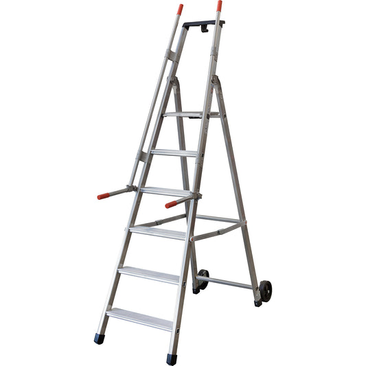 Mobile warehouse step, with 2 hand rails and castors, 6 steps incl. platform.