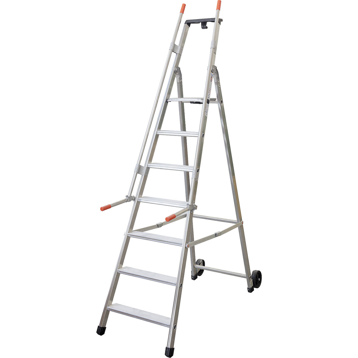 Mobile warehouse step, with 2 hand rails and castors, 7 steps incl. platform.