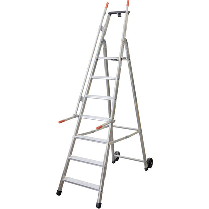 Mobile warehouse step, with 2 hand rails and castors, 7 steps incl. platform.
