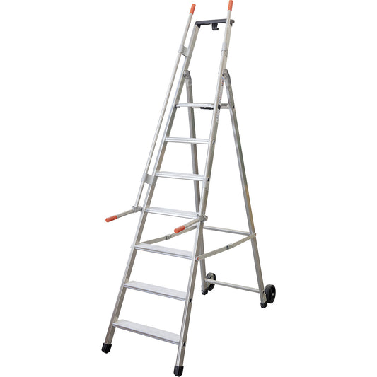 Mobile warehouse step, with 2 hand rails and castors, 7 steps incl. platform.