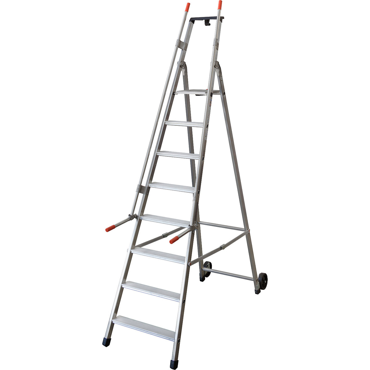 Mobile warehouse step, with 2 hand rails and castors, 8 steps incl. platform.