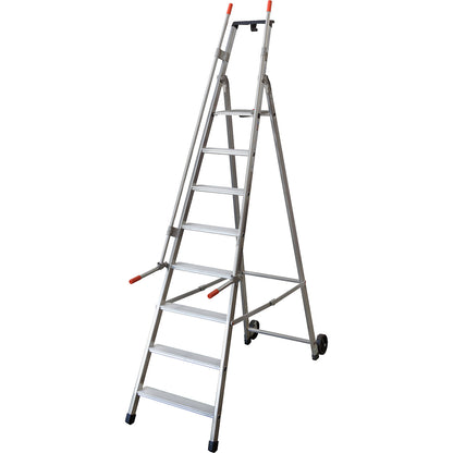 Mobile warehouse step, with 2 hand rails and castors, 8 steps incl. platform.
