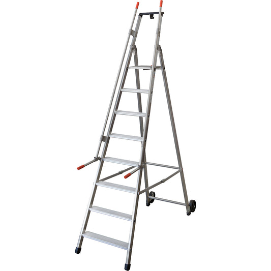 Mobile warehouse step, with 2 hand rails and castors, 8 steps incl. platform.