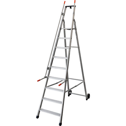 Mobile warehouse step, with 2 hand rails and castors, 9 steps incl. platform.