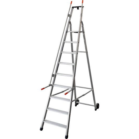 Mobile warehouse step, with 2 hand rails and castors, 9 steps incl. platform.