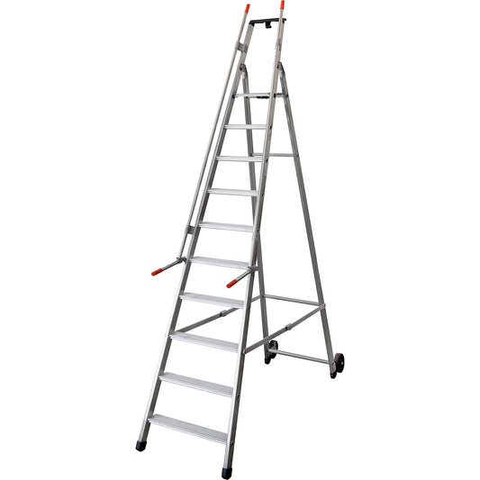 Mobile warehouse step, with 2 hand rails and castors, 10 steps incl. platform.