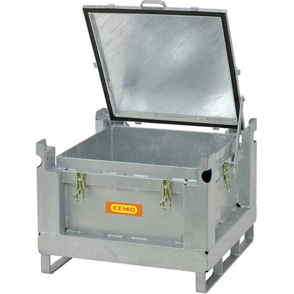 Steel collection and transport container for rechargeable batteries, capacity 120 l, UN approval, LxWxH 715 x 715 x 580 mm.