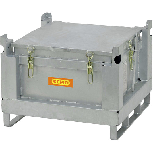 Steel collection and transport container for rechargeable batteries, capacity 120 l, UN approval, LxWxH 715 x 715 x 580 mm.