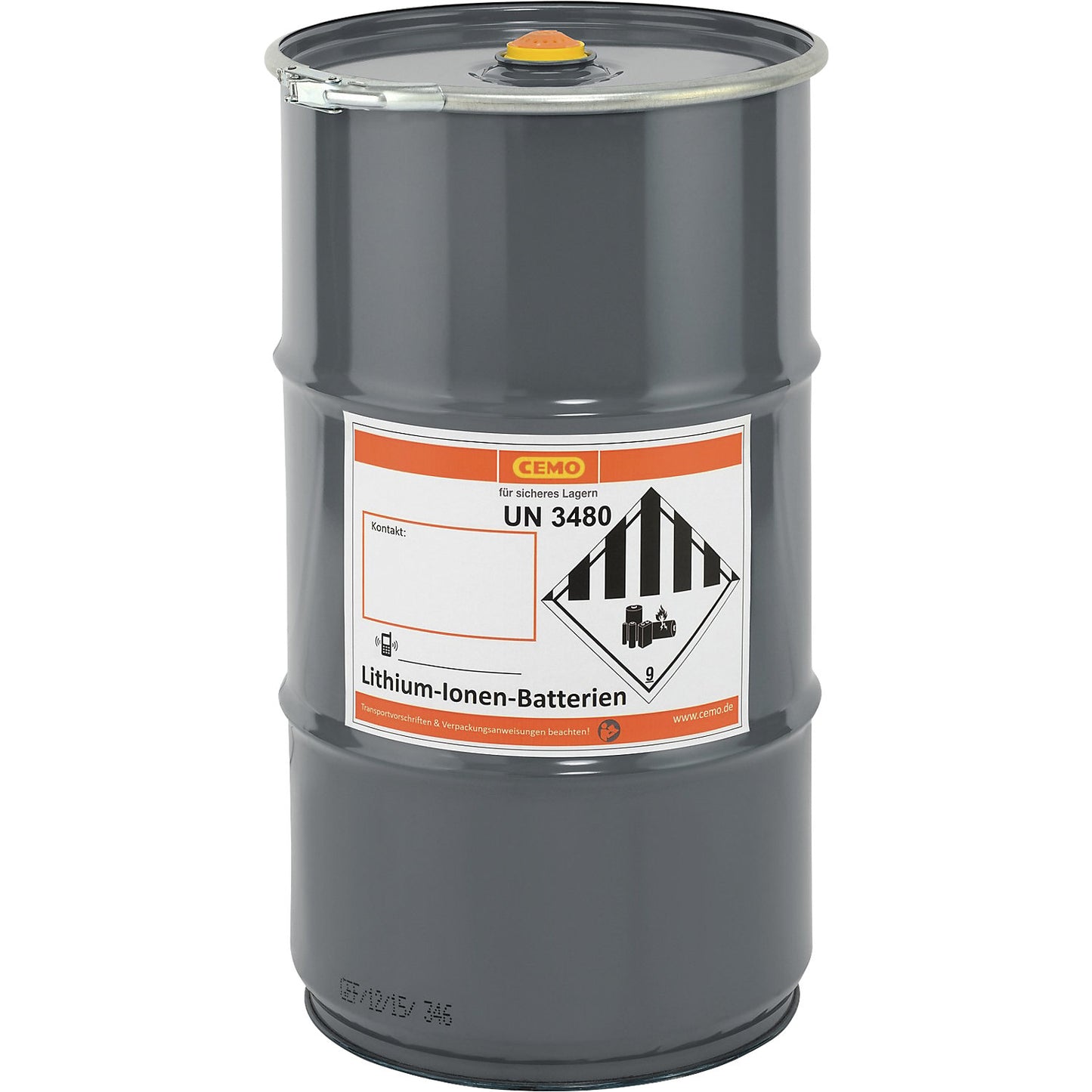 Storage and transport safety drum for rechargeable batteries, capacity 60 l, incl. approx. 30 l buffer/filler material, HxØ 680 x 382 mm.