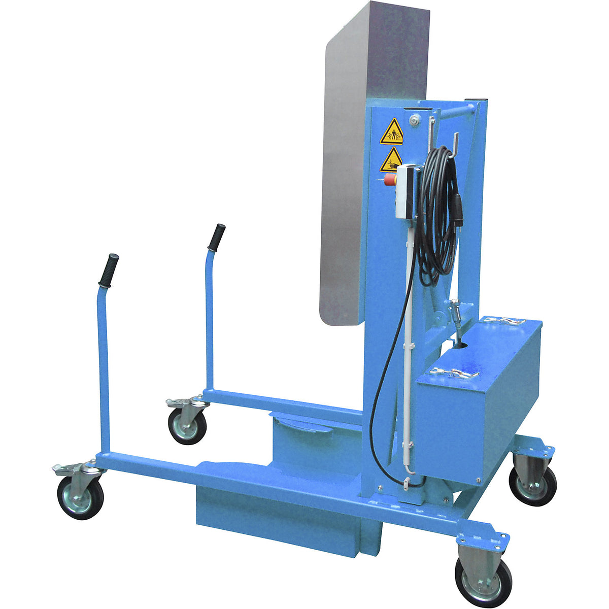 Waste bin tipping station, electric-hydraulic 230 V, light blue.