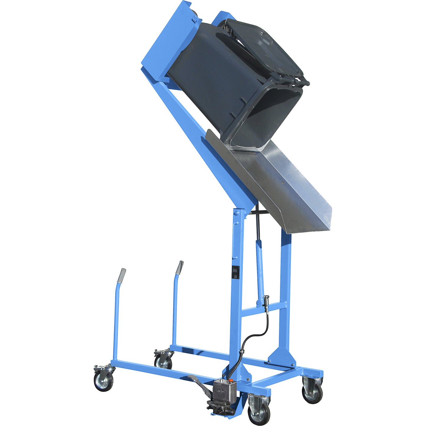 Waste bin tipping station, hydraulic, with foot pump, light blue.