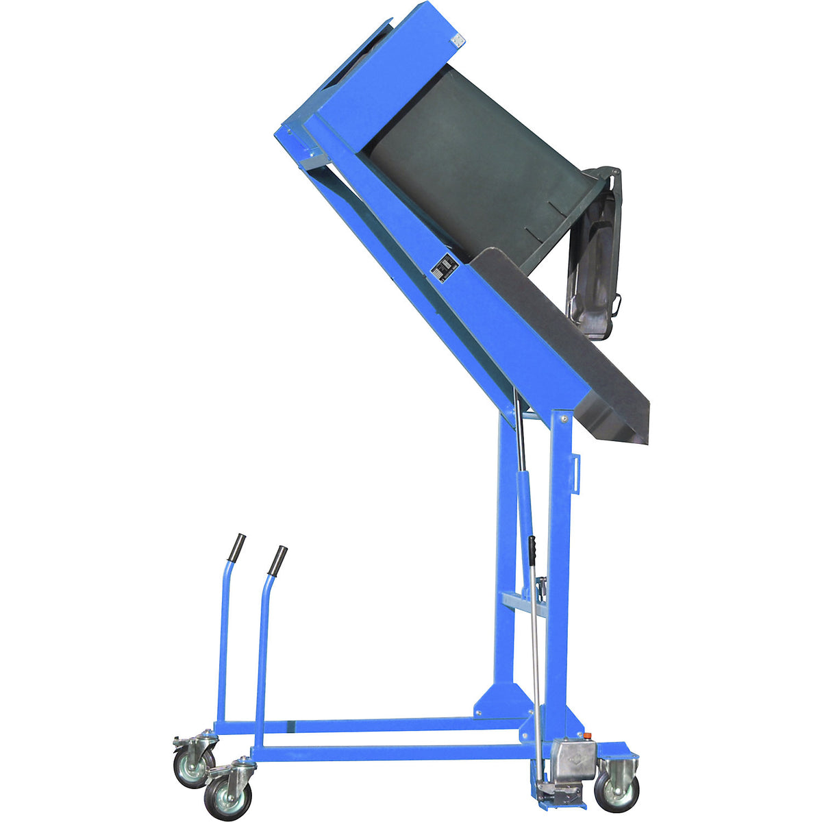 Waste bin tipping station, hydraulic, with hand pump, light blue.