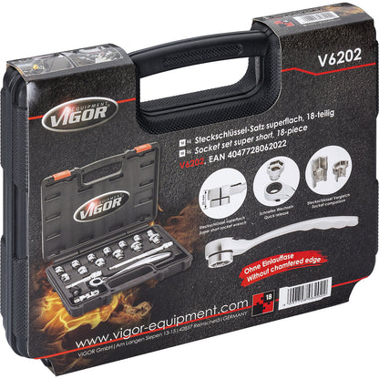 Super flat V6 socket set, 3/8 inch, 18 parts.