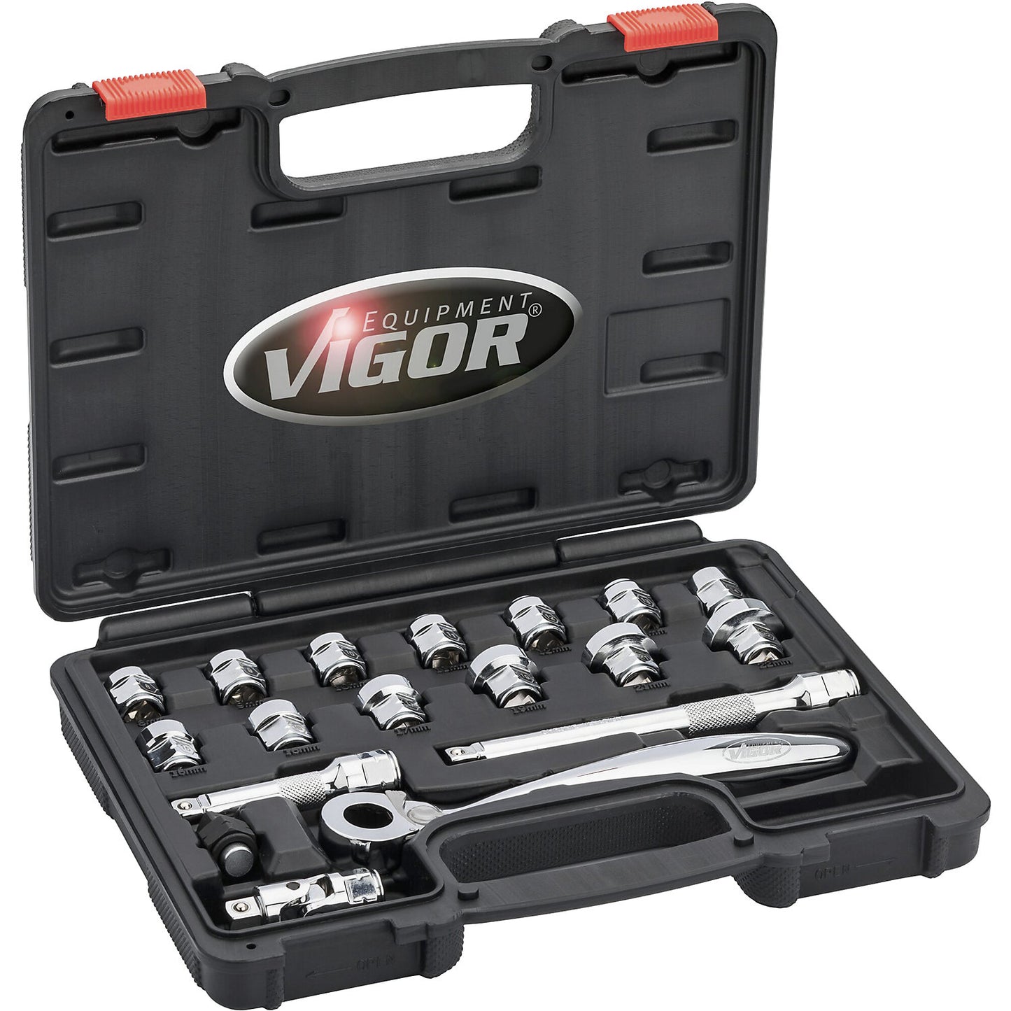 Super flat V6 socket set, 3/8 inch, 18 parts.
