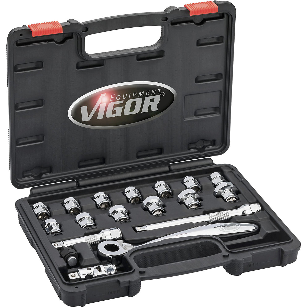 Super flat V6 socket set, 3/8 inch, 18 parts.
