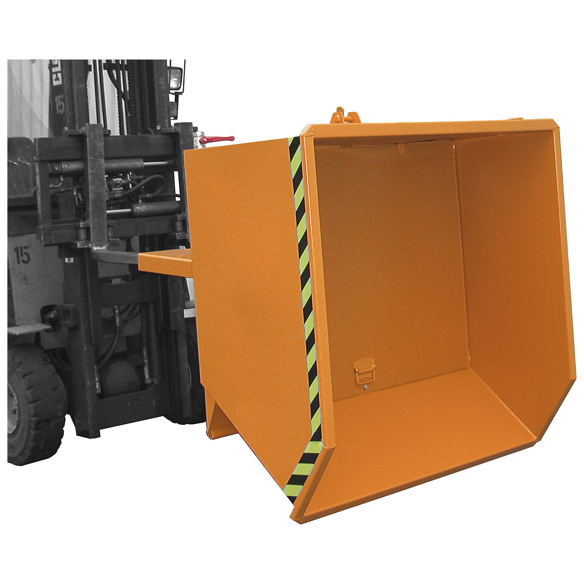 Tilting skip for shavings, low overall height (E), capacity 0.75 m³, yellow orange.