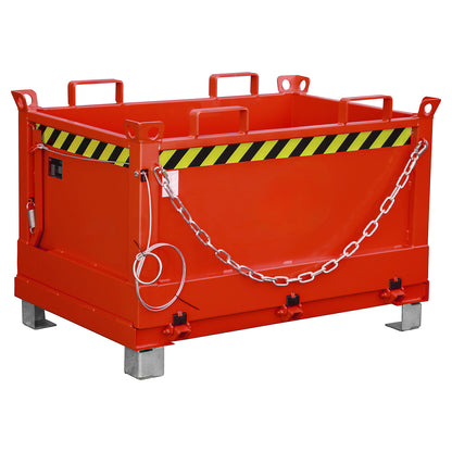 Hinged bottom skip, capacity 0.5 m³, flame red RAL 3000.