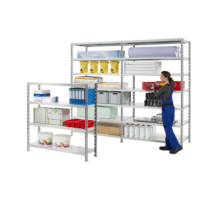 Wide span shelf unit with sheet steel shelves, depth 400 mm, standard shelf unit, HxW 1508 x 1550 mm.