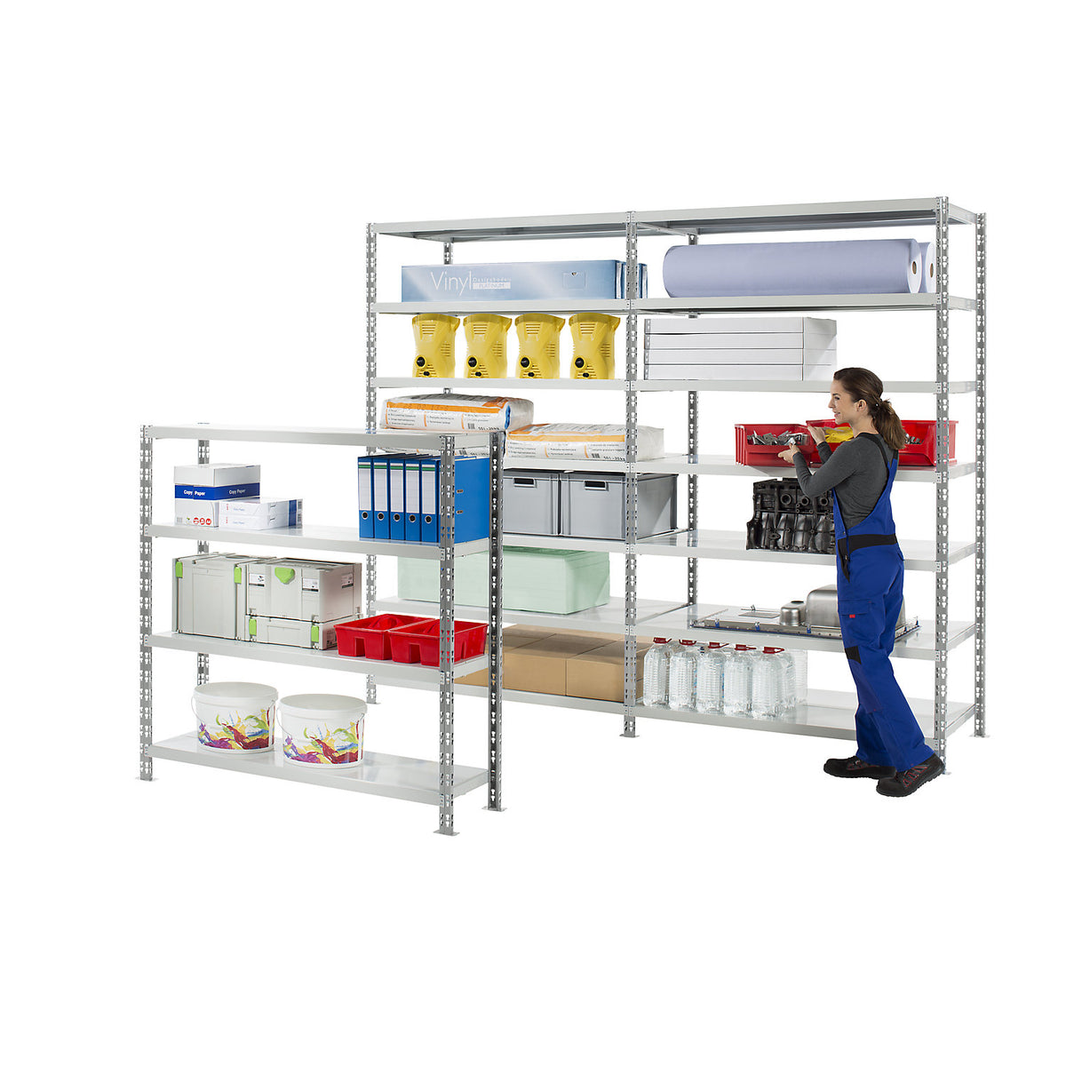 Wide span shelf unit with sheet steel shelves, depth 600 mm, extension shelf unit, HxW 2522 x 1525 mm.