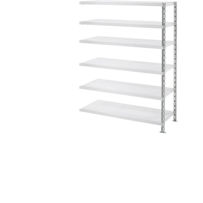 Wide span shelf unit with sheet steel shelves, depth 600 mm, extension shelf unit, HxW 1976 x 1525 mm.