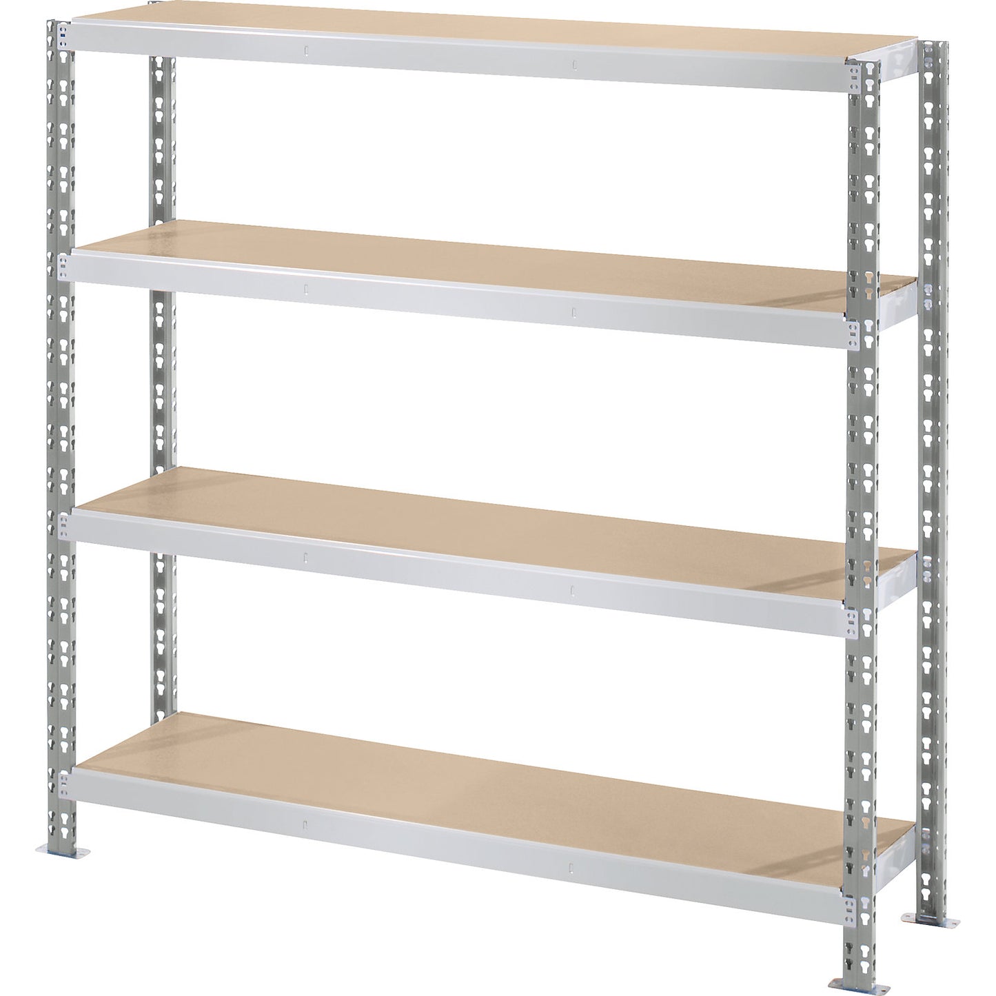 Wide span boltless shelf unit with moulded chipboard shelves, depth 400 mm, standard shelf unit, HxW 1508 x 1550 mm.