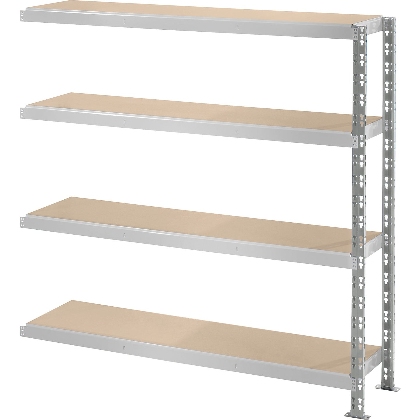 Wide span boltless shelf unit with moulded chipboard shelves, depth 400 mm, extension shelf unit, HxW 1508 x 1525 mm.