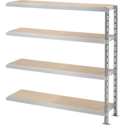 Wide span boltless shelf unit with moulded chipboard shelves, depth 400 mm, extension shelf unit, HxW 1508 x 1525 mm.