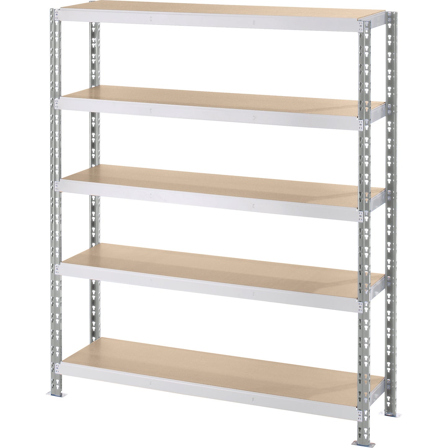 Wide span boltless shelf unit with moulded chipboard shelves, depth 500 mm, standard shelf unit, HxW 1820 x 1550 mm.
