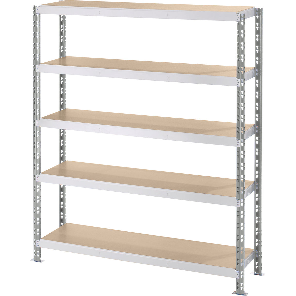 Wide span boltless shelf unit with moulded chipboard shelves, depth 500 mm, standard shelf unit, HxW 1820 x 1550 mm.