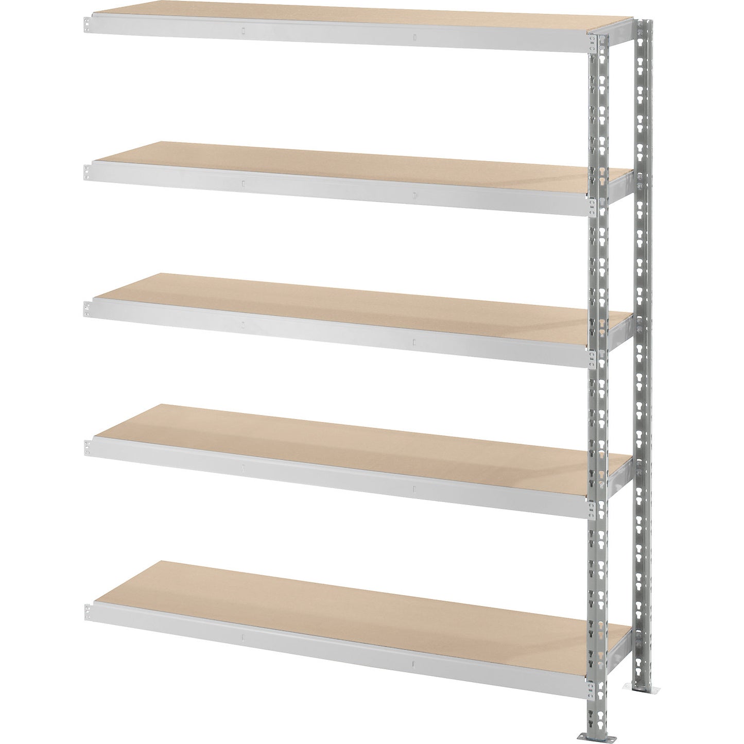 Wide span boltless shelf unit with moulded chipboard shelves, depth 500 mm, extension shelf unit, HxW 1820 x 1525 mm.