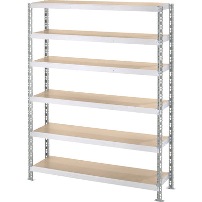 Wide span boltless shelf unit with moulded chipboard shelves, depth 400 mm, standard shelf unit, HxW 1976 x 1550 mm.