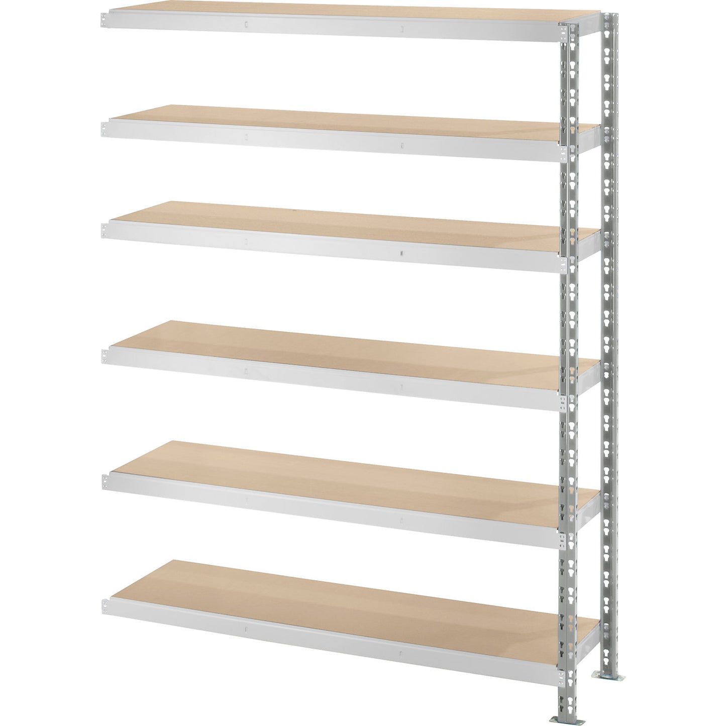 Wide span boltless shelf unit with moulded chipboard shelves, depth 400 mm, extension shelf unit, HxW 1976 x 1525 mm.