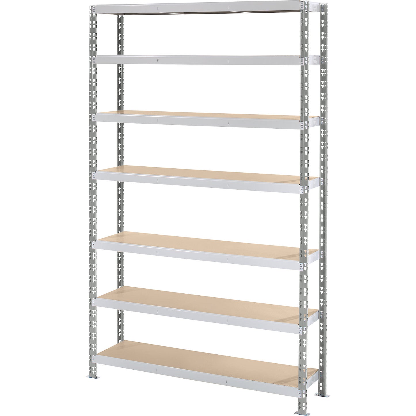 Wide span boltless shelf unit with moulded chipboard shelves, depth 400 mm, standard shelf unit, HxW 2522 x 1550 mm.