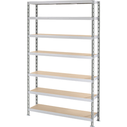Wide span boltless shelf unit with moulded chipboard shelves, depth 400 mm, standard shelf unit, HxW 2522 x 1550 mm.