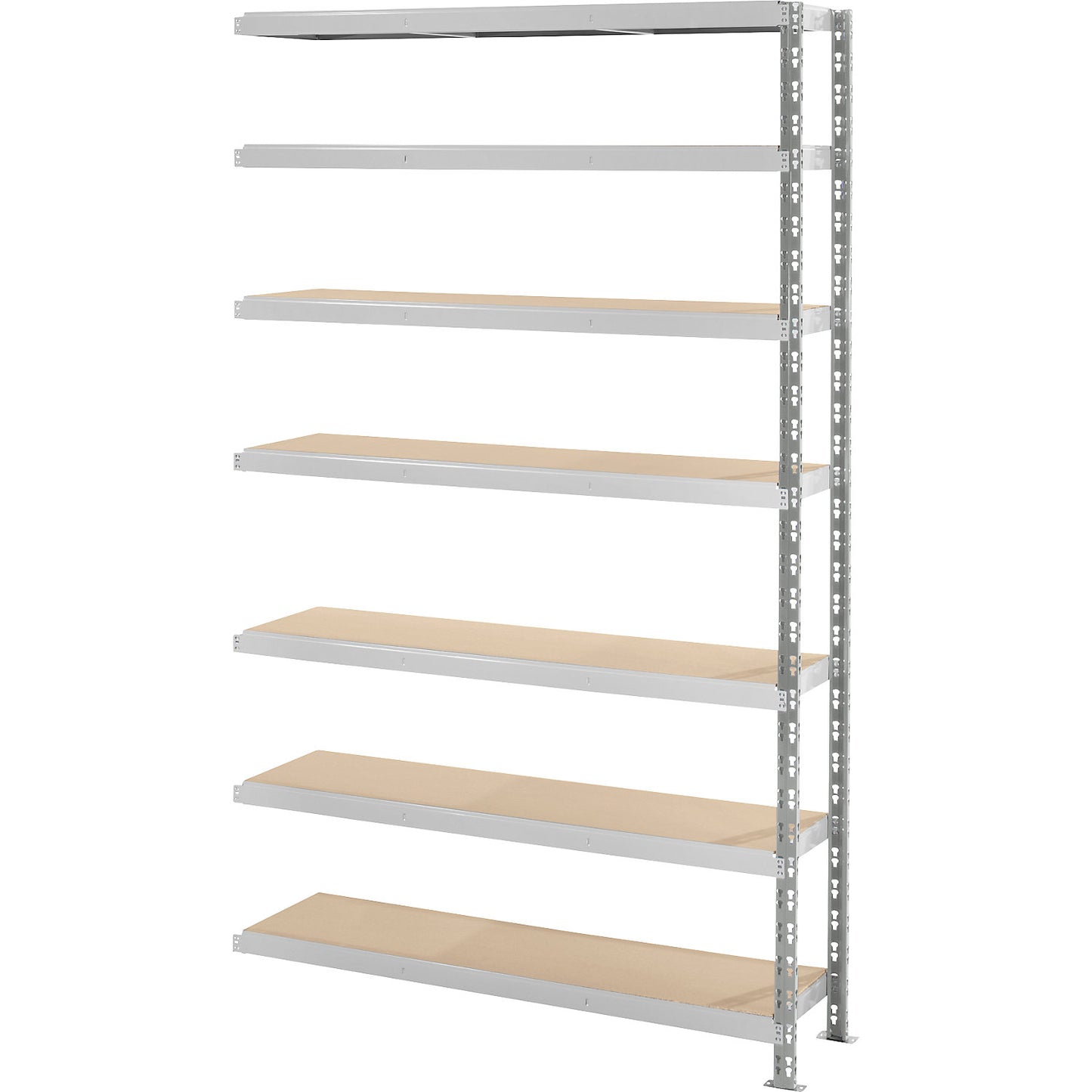 Wide span boltless shelf unit with moulded chipboard shelves, depth 500 mm, extension shelf unit, HxW 2522 x 1525 mm.